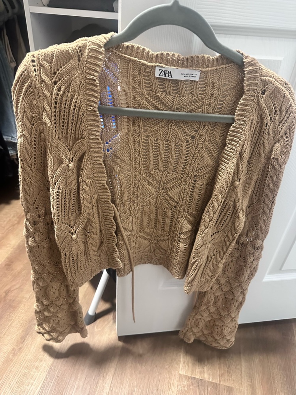 Zara Tan Open-Weave Cropped Cardigan